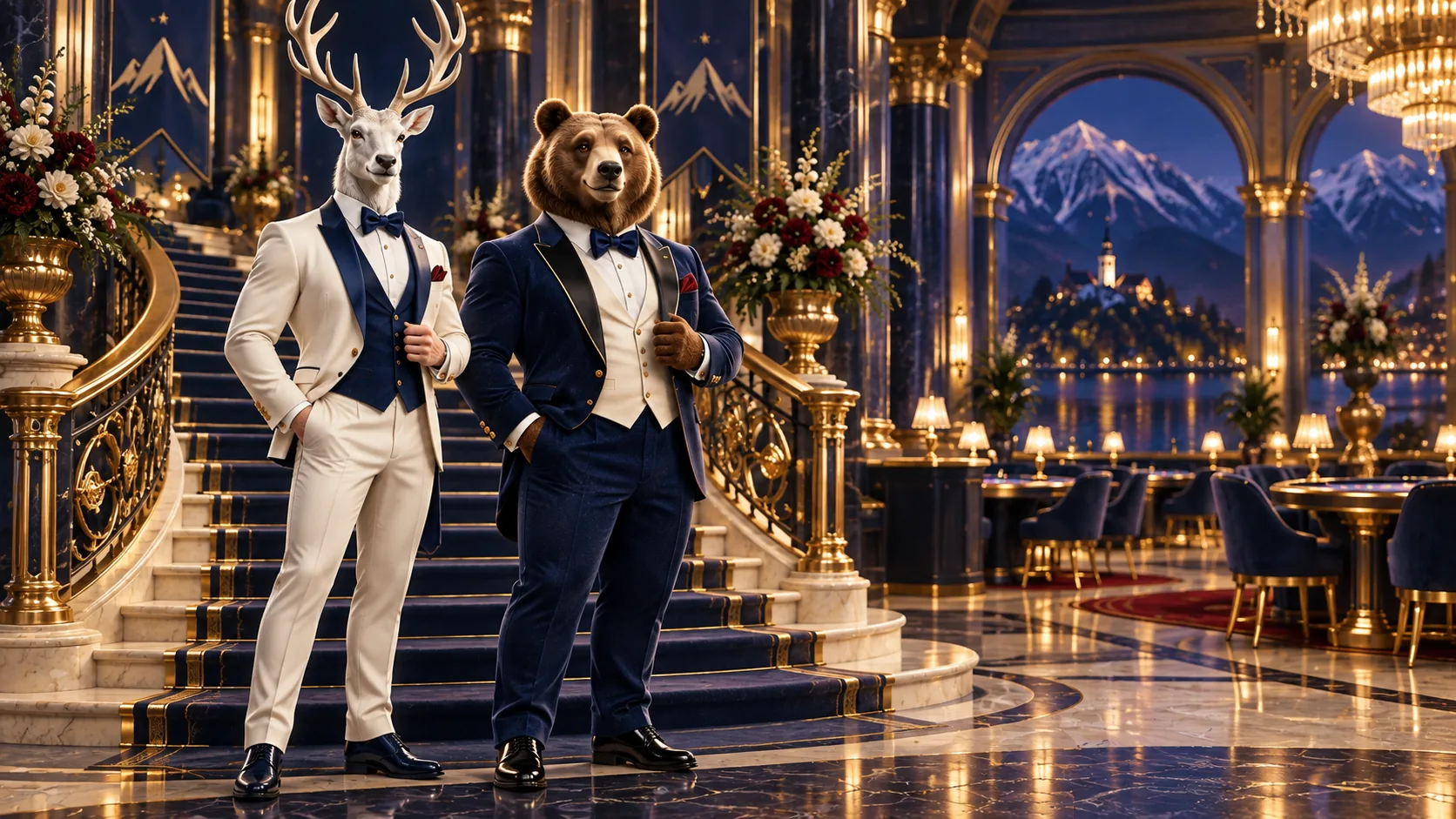 Liki Bizzo Casino ob stopnišču z darili in simboli VIP nagrad.